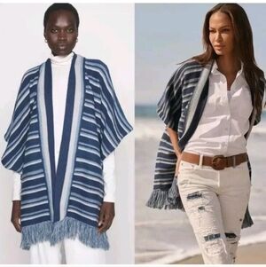 Ralph Lauren LRL Black Label Blue Striped Cotton Fringed Cardigan Size S/M.